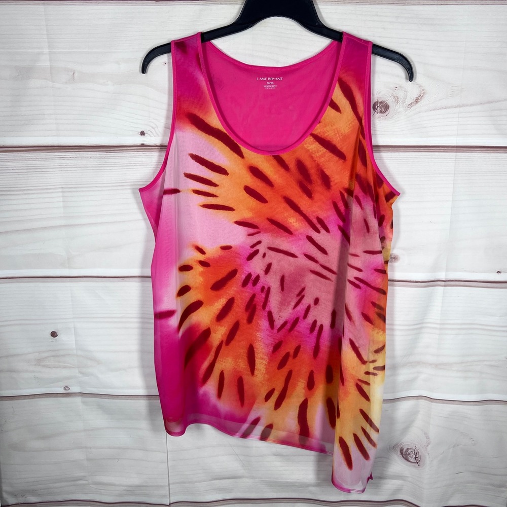 Lane Bryant Tank Top Women 18 20 Pink Abstract Asymmetrical Mesh Overlay Flowy